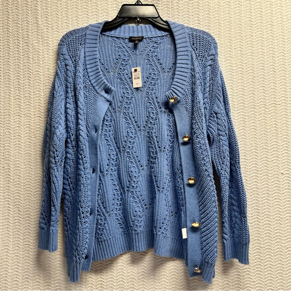 talbots / light blue cable knit cardigan with silver buttons size xs